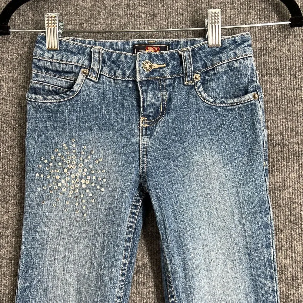 Vintage Route 66 Girls Flare Bootcut Jeans Size 8 Rhinestone 90s Stretch Denim